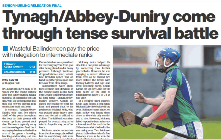 Tynagh Abbey Duniry v Ballinderreen - SHC relegation final full commentary